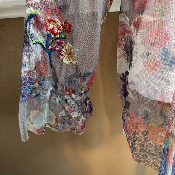 Johnny Was Biya Size XXL Calliope Floral Embroidered Mesh Top Hippie Art To Wear - Picture 3 of 8